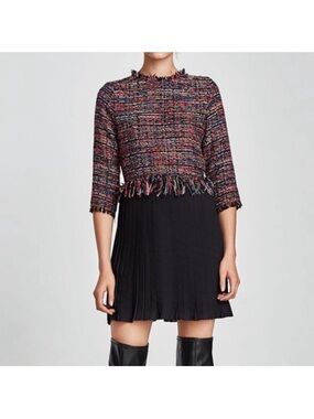 Zara Basics Multicolor Tweed Dress with Navy and Red Accents Medium